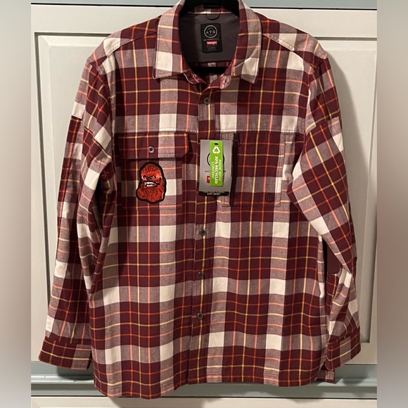 Upcycled STAR WARS OBI WAN KENOBI Tee On Flannel Shirt Size L Chewbacca Patch - Picture 2 of 6